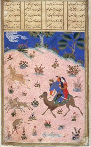 Bahram Gur Hunting With Azada, illustrasjon fra Shahnama (Kongenes bok), av Abul-Qasim Manur Firdawsi (ca.934-c.1020) ca.1440-45 (penn, blekk og wc på vellum) av Persian School