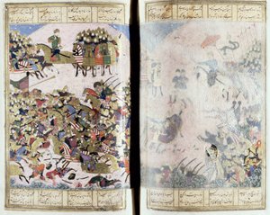 Battle Between Isfandiyar og Arjasp, illustrasjon fra Shahnama (Kongenes bok), av Abul-Qasim Manur Firdawsi (ca.934-c.1020) ca.1440-45 (penn, blekk og wc på vellum) av Persian School