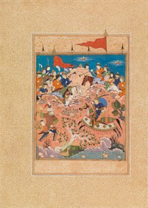 Battle Scene (wc og gouache på vellum) av Persian School