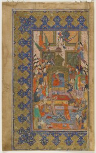 Bilqis tronet fra en Khamsa (kvintett), ca. 1560 (ugjennomsiktig akvarell, blekk og gull på papir) av Persian School
