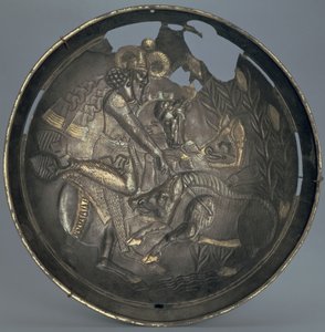 Fat dekorert med en scene av prins Varahran på jakt, Sassanid-dynastiet (226-651) (sølv med forgylling)