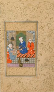 Folio fra en Yusuf u Zulaykha av Jami (d. 1492); Zulaykha og en eldre mann Lytt til en samtale, muligens Mashhad, Iran, ca. 1560-70 (ugjennomsiktig akvarell, blekk og gull på papir) av Persian School