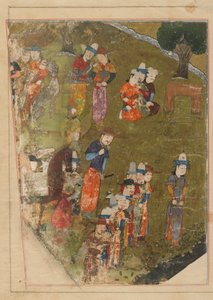 Folio fra en Zafarnama; recto: Timur gir et publikum i anledning av hans tiltredelse til tronen på Balkh; verso: tekst, Shiraz, Iran, Timurid-perioden, 1436 (ugjennomsiktig akvarell, blekk og gull på pa) av Persian School