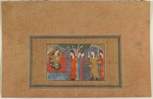 Folio fra en uidentifisert tekst; A Princess Enthroned, Iran, ca. 1440-50 (ugjennomsiktig akvarell, blekk og gull på papir) av Persian School