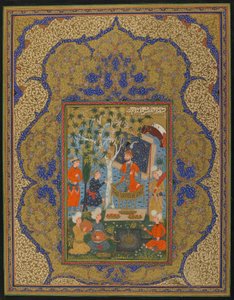 Folio fra en uidentifisert tekst; A Ruler Enthroned, muligens Khurasan, Iran, ca. 1590 (ugjennomsiktig akvarell, blekk og gull på papir) av Persian School