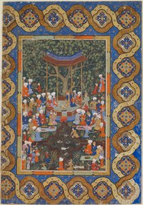Folio fra en uidentifisert tekst; En linjal i en hagepaviljong omgitt av hoffmenn og betjenter (ugjennomsiktig akvarell, blekk og gull på papir) av Persian School