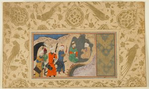 Folio fra en uidentifisert tekst; Iskandar (?) besøker en eremitt, Iran, ca. 1500 (ugjennomsiktig akvarell, blekk og gull på papir) av Persian School
