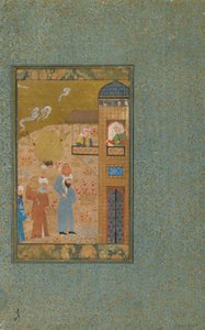 Folio fra en uidentifisert tekst; verso: Two Men Carrying Pitchers Approach a Building, Shiraz, Iran, ca. 1520 (ugjennomsiktig akvarell, blekk og gull på papir) av Persian School