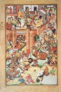 Genghis Khan fanger en kinesisk by, miniatyr fra 'Persian History of Genghis Khan' fullført i 1596 av Persian School