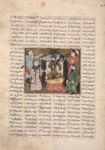 Gordiyeh råder broren Bahram Chubineh til ikke å strebe etter den persiske tronen, ca. 1330 (ugjennomsiktig wc, gull og blekk på papir) av Persian School
