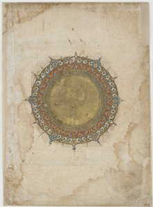 Opplyst medaljong med to dekorative kanter, folio fra en uidentifisert tekst, Iran, 1200-1300-tallet (ugjennomsiktig akvarell og gull på papir) av Persian School
