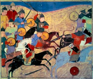 Lekkasje av Noqai (Kara Nogai Khan (Noghai, Noqai, Nokhai, Nogay, oldebarn av Genghis Khan, død 1299). Mongolske ryttere. Persisk manuskript malt "" Sum of Stories (Djame al-tavarikh) (Djame al-tavarikh)" ” (Folio 155v), skrevet av Rachid al-Din Fazl av Persian School