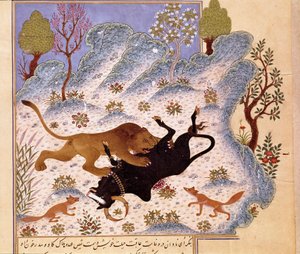Løve angriper en okse Page of a Kalila og Dimna av Persian School