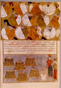 Mongolske telt og fanger av Genghis Khan (1162-1227): Genghis Khan har tilhengere av Djamuqua, en mongol fra Jadjirat-stammen kastet i grytene. Persisk miniatyr hentet fra "" Jami al-tawarikh"" (Jami al tawarikh) eller "" Universal History"" av Persian School