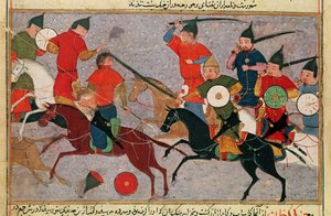 Ms Pers.113 f.49 Genghis Khan (ca. 1162-1227) i Battle, fra en bok av Rashid-al-Din (1247-1318) (gouache)