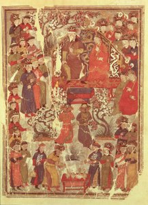 Ms. Supp. Pers. 1113 f.126v Genghis Khan og hans kone Bortei tronet foran hoffmenn, folio fra en bok kalt Jami al Tawarikh (Universal History) av Rashid ad-Din (1247-1318) av Persian School