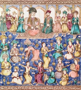 Musikere og dansere ved hoffet til Nasser al-Din Shah Qajar (1831-96) (keramikk) av Persian School