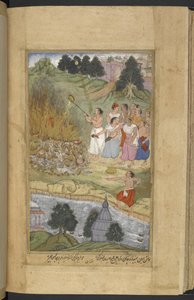 Or.12076 f.130v Arjuna brenner likene etter slaget mellom Andhakas og Yadavas ved Prabhasa på kysten av Gujarat. Ghee blir hellet på begravelsesbålet (Narayan) fra Razmnāmah (