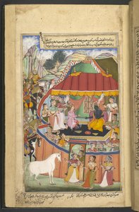 Or.12076 f.17r Hesten blir ført til ‘zanana’ slik at Krishnas koner og Pandava-damene kan se den. Krishna drikker med Yudhisthira. (Bhagwan) fra 