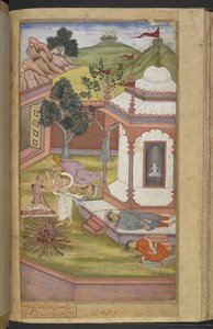 Or.12076 f.90v Candrahasa som ofrer seg selv ved templet til Candika ved å skjære av stykker av sitt eget kjøtt og sette dem på bålet (Qabil ibn Maqbul) fra 