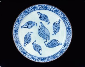 Partridge Dish, Iran, Safavid-periode, 1700-tallet (steinpasta med blått under glasur)