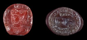 Persisk kunst: camee av Kavadh I (eller Qobad, Kobad, Kabad) (488-496 e.Kr.) konge av det andre persiske imperiet og agatstempel fra sassanidperioden. 5. eller 6. århundre e.Kr. Paris, B.N. av Persian School