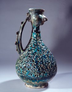 Persisk kunst: keramisk akvamarin med hanehode og dekorasjoner inspirert av Waq Waq-treet. Fra Kashan. Paris fra 1200-tallet, Louvre-museet av Persian School