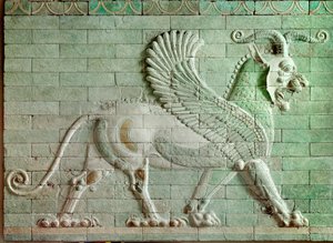 Persisk periode rouenide (Iran): lavt relieff i emaljert murstein som representerer en griffon. Fra palasset til Darius I (550-486 f.Kr.), konge av Persia til Susa. 510 f.Kr. Paris, Louvre-museet av Persian School