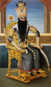 Portrett av Fath Ali Shah (1762-1834), ca 1805, konge av Persia fra 1797 til 1834, ukjent kunstner, olje på lerret av Persian School
