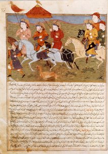 Representasjon av Houlagou Khan, barnebarn av Genghis Khan riding. Persisk miniatyr hentet fra Jami al-Tawarikh” (Jami al tawarikh) eller “” Universal History”” av historikeren Rashid al-din (al din) (1247-1318) Rundt 1430. Paris, B.N. av Persian School