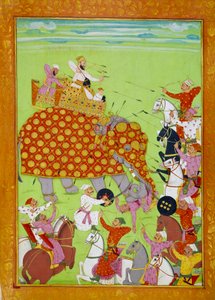Representasjon av Murad (Mourad) Baksh (1624-1661), sønn av Mughal-keiseren Shah Jehan (eller Shah Jehan, Shahjehan) som kjemper på en elefant. Persisk miniatyr fra 1600-tallets Paris, B.N. av Persian School