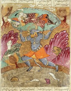 Rostam båret av Akwan-Diwa, illustrasjon fra Shahnama (Kongenes bok) av Abul-Qasim Manur Firdawsi (ca.934-c.1020) 1619 av Persian School