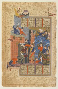 Rustam og hans menn angriper Afrasiyabs palass fra en Shahnama av Persian School