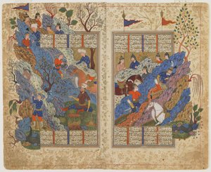 Rustam slår tilbake steinen rullet på ham av Bahman fra en Shahnama (Kongenes bok), ca. 1590-1600 (blekk, ugjennomsiktig akvarell og gull på papir) av Persian School