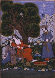Tjener som bringer frukt til et par i en hage av Persian School
