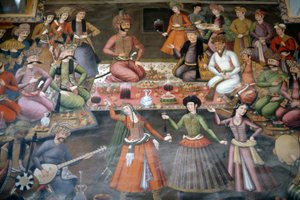 Shah Abbas I Great mottar Nadr Vali Muhammad Khan fra Khanate av Bukhara, mottakshallen av Persian School