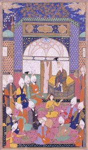 Shah Isma"il holder det første private publikummet etter sin tiltredelse i Tabriz, ca. 1590-1600 av Persian School