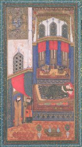 Tahmina Comes into Rustams Chamber, illustrasjon fra Shahnama (Kongenes bok), av Abul-Qasim Manur Firdawsi (ca.934-c.1020), fra Herat, Afghanistan, ca.1410 (ugjennomsiktig wc og gull på papir) av Persian School