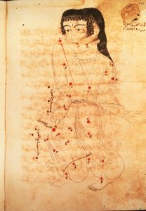 The Constellation of Jomfruen, illustrasjon fra 'The Book of Fixed Stars' av Azophi (Abd al-Rahman al-Sufi) (vellum) av Persian School