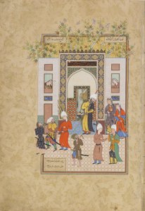 Spedbarnsvitnet vitner om Yusufs uskyld, folio fra en Haft awrang (Syv troner) av Jami (d.1492) sannsynligvis Mashad, Khurasan, Iran, Safavid-dynastiet, 1556-1565 (blekk, ugjennomsiktig akvarell og gol)