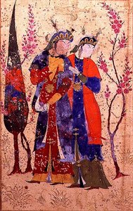 To prinsesser i et hagelandskap, fra Tohfat Al-Ahrar, Bokhara-skolen av Persian School