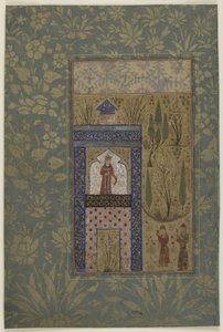 To ungdommer foran en prinsesse ved et vindu, ca. 1417-18 (ugjennomsiktig akvarell og gull på papir) av Persian School