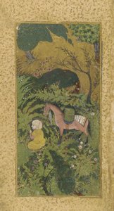 Ventende brudgom med hest i skogkledd lund, sannsynligvis Tabriz, Turkoman-dynastiet, ca. 1500 (ugjennomsiktig akvarell og gull på papir) av Persian School