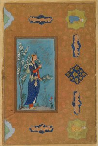 Kvinne med en spray av blomster, Safavid-perioden, ca. 1575 (wc og gull på papir) av Persian School