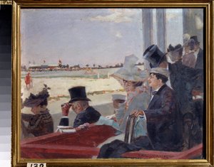 Hesteveddeløp (hesteveddeløp). Tilskuere som sitter på tribunen og ser på ridekonkurransen. Maleri av Pyotr Alexandrovich Nilus (Pierre Nilous) (Nilouss) (1869-1940/1943), olje på tre