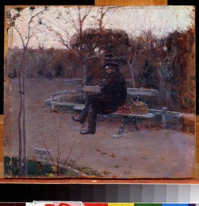 On the Boulevard (On the Boulevard). En mann alene, sittende på en benk i kulden, i nærheten av ham, en ryggsekk og en verktøykasse. Maleri av Pyotr Alexandrovich Nilus (Pierre Nilous) (Nilouss) (1869-1940/1943), olje på lerret