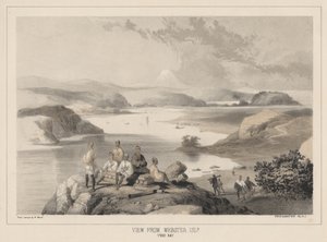Utsikt fra Webster Island, Yedo Bay, litho av Sarony und Co., 1855 (chromolitho)