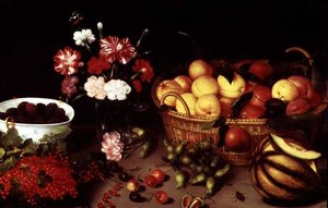 Stilleben av blomster og frukt