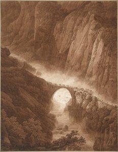 Djevelens bro i Schöllenen-juvet på vei over St. Gotthard-passet med et muldyrtog av Peter Birmann