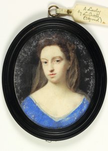 En dame i blått liv med brun hette (akvarell på vellum)